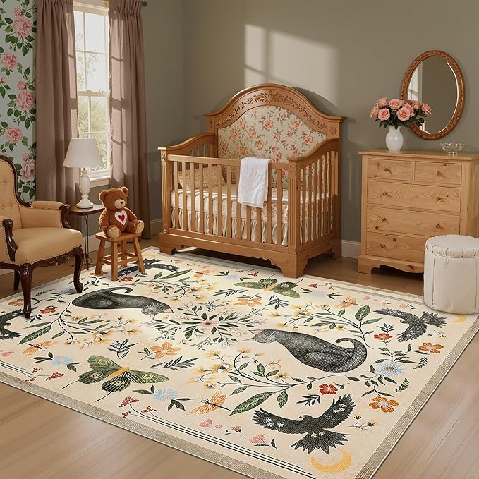 GarveeHome 4x6 Cat Washable Area Rug for Nursery Room, Mushroom Floral Beige Bedroom Rug Non Slip Low Pile Butterfly Carpet Stain Resistant Throw Rug for Dorm Kids Room Office Dining Room