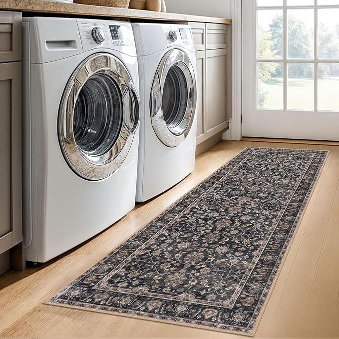 KUTA Runners for Hallways 2x6, Vintage Floral Rug Non-Slip Washable Kitchen Rugs Brown Ultra Thin Soft Printed Distressed Flower Carpet Entryway Rugs for Bedroom Laundry Nursery