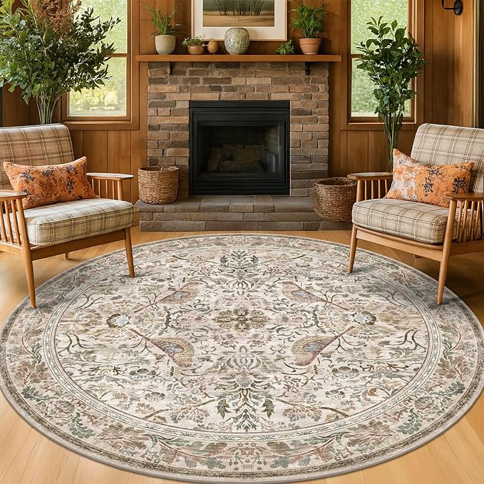 Hazo Haus Boho 6ft Area Round Rug for Living Room - Floral Vintage Circular Rug for Kids Bedroom, Dining Room, Home Office, Washable Low Pile Non Slip, Moss Green & Olive Indoor Aesthetic Décor