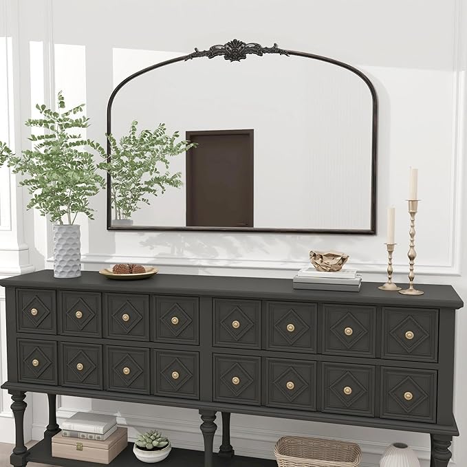 Besdomus Antique Arched Large Mirror: 48"x33" French Oversize Black Arch Vintage Vanity Wall Mounted Mirror - Baroque Decorative Traditional Ornate for Living Room/Fireplace/Bathroom/Entryway