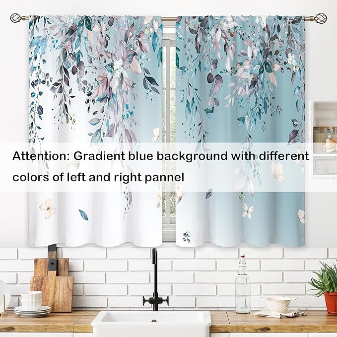 Eucalyptus Botanical Leaves Floral Kitchen Window Curtains Butterfly Farmhouse Flower Leaf Small Window Treatment Blue Grey Cafe Short Curtains for Bathroom Treatment Tier Drapes 26x36 inch