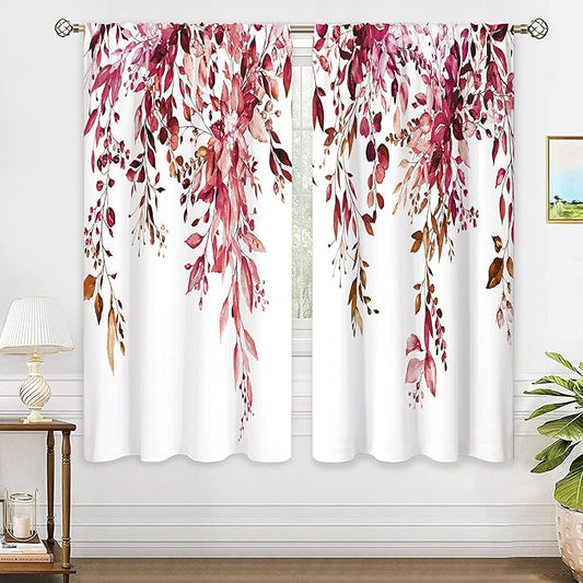 Burgundy Eucalyptus Leaves Window Curtains Rustic Watercolor Red Flower Floral Plant Botanical Farmhouse Curtain Drapes Herb Curtains for Bedroom Living Room Treatment 2 Panels 42Wx45H Inch