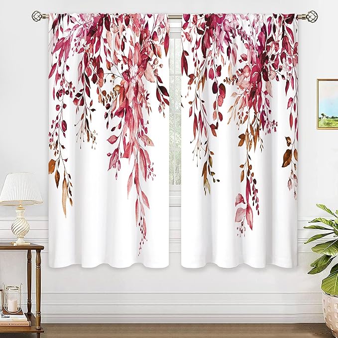 Burgundy Eucalyptus Leaves Window Curtains Rustic Watercolor Red Flower Floral Plant Botanical Farmhouse Curtain Drapes Herb Curtains for Bedroom Living Room Treatment 2 Panels 29Wx63H Inch