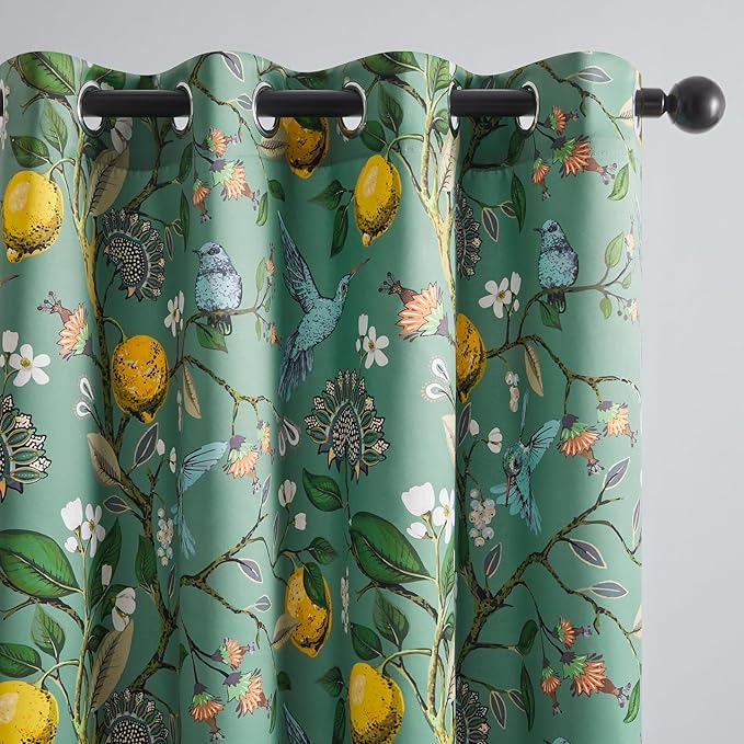 Topfinel Blackout Curtains 63 Inch Length 2 Panels, Cottagecore Tropical Forest Leaf Flower Hummingbird Lemon Patterned Energy Efficient Grommet Cute Green Drapery Treatment Nursery Classroom