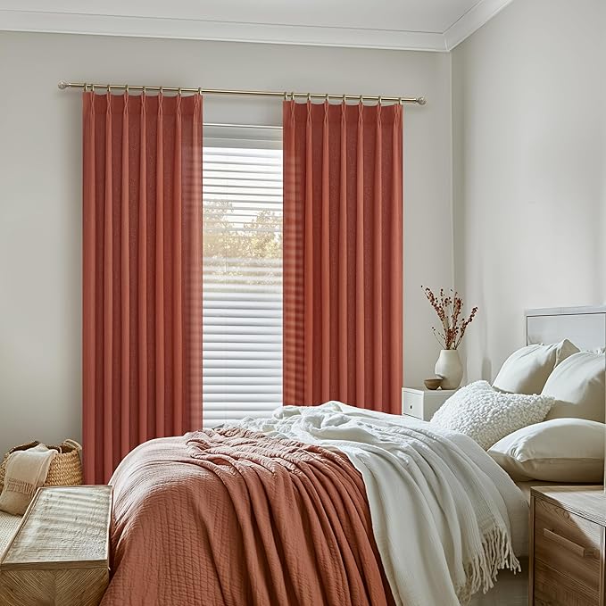 Burnt Orange Flax Linen Sheer Curtains 84 Inches Long for Living Room, Country Cottage Core Pinch Pleated Light Filtering Semi Through Drapes 84 Inch Length 2 Panels for Dining Room Fall Window Burg