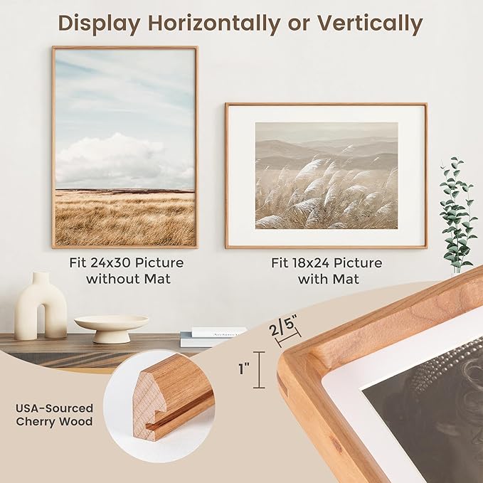 24x30 Poster Frame, USA-Sourced Cherry Wood Picture Frame with HD Tempered Glass, Handcrafted Rounded Corner 24 x 30 Wooden Frames Matted to 18x24 Photos, Horizontal or Vertical Wall Display