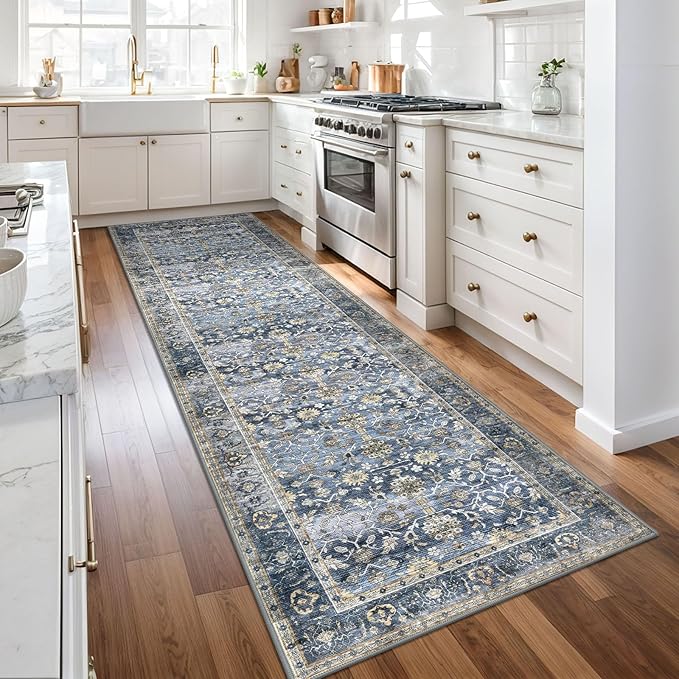 KUTA Vintage Wide Runners for Hallways 3x10 ft Blue Grey Beige Washable Kitchen Runner Non Slip Long Hall Runners Entryway Runner Rugs Floor Carpet for Indoor Backdoor Bedroom Kitchen