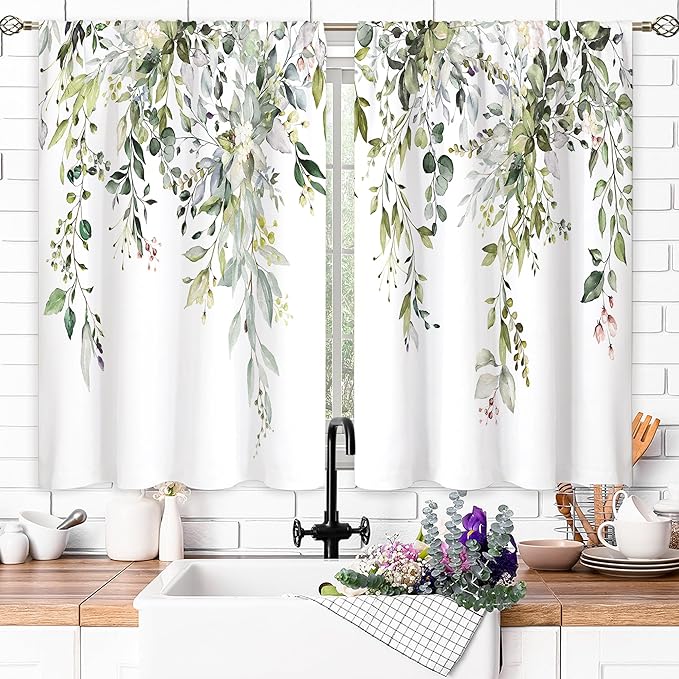 Eucalyptus Botanical Leaves Floral Kitchen Window Curtains Over Sink Farmhouse Flower Leaf Small Window Treatment Sage Green Cafe Short Curtains for Bathroom Treatment Tier Drapes 26x36 inch