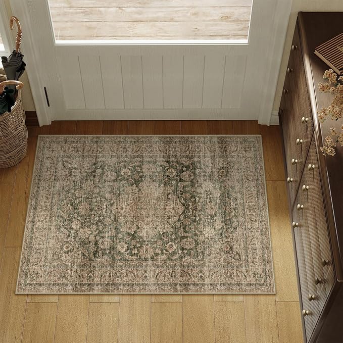 2x3 Washable Area Rug Green Brown Vintage Non Slip Soft Low Pile Small Rug for Entryway Kitchen Bathroom Distressed Oriental Throw Carpet for Living Room Bedroom Home Decor