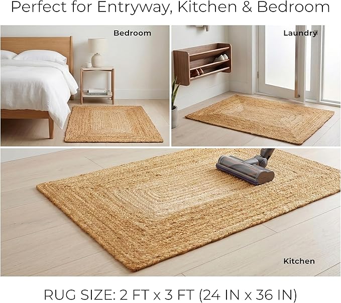 Jute Braided Small Rug, Natural - 2x3 Feet, Accent Reversible Hand Woven Doormat for Entryway, Kitchen, Living Room, Nursery | Rustic Neutral Front Door Floor Mat for Outdoor/Indoor Use - 24x36 Inches