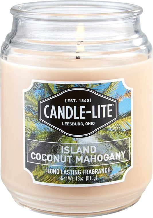Candle-lite Scented Candles, Island Coconut Mahogany Fragrance, One 18 oz. Single-Wick Aromatherapy Candle with 110 Hours of Burn Time, White Color