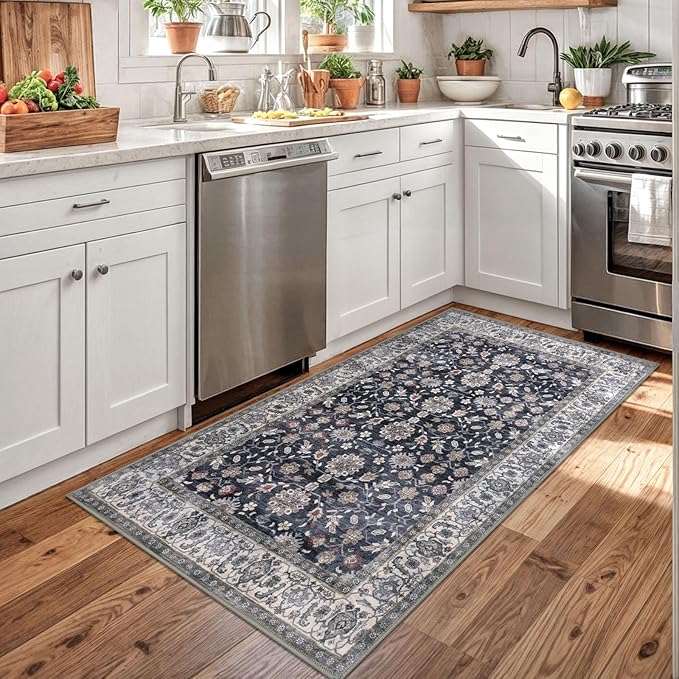 KUTA 3x5 Rugs for Entryway, Vintage Floral Area Rug Washable Non-Slip Grey Black Beige Ultra Thin Soft Printed Distressed Entry Low-Pile Throw Carpet for Bedroom Nursery Living Room