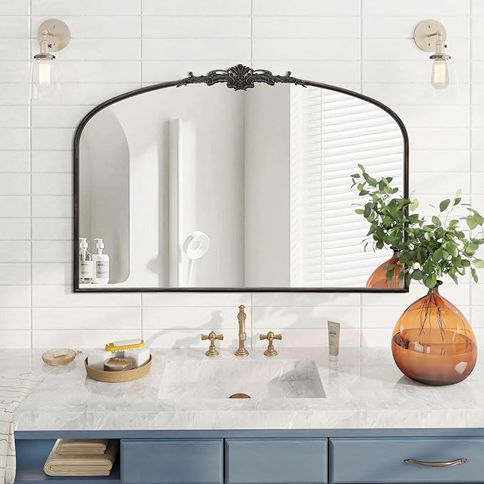 Besdomus Antique Arched Large Mirror: 48"x33" French Oversize Black Arch Vintage Vanity Wall Mounted Mirror - Baroque Decorative Traditional Ornate for Living Room/Fireplace/Bathroom/Entryway