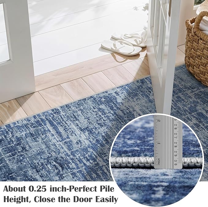 2x3 Washable Area Rug for Entryway - Small Abstract Neutral Kitchen Rug with Anti-Skid Rubber Backing Soft Low Pile Thin Carpet for Bedroom Bathroom Pet Feeding Zone (2x3, Blue)