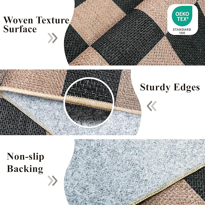Easy Jute 2x5 Runner Rug: Non Slip Checkered Low Pile Indoor Doormat - Machine Washable Entryway Kitchen Bathroom - Carpet for Dorms Small Spaces Ideal for Young Families First Home (Black/Brown,2x5)