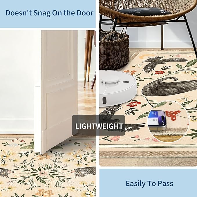 GarveeHome 2x6 Cat Washable Runner Rug for Kitchen, Soft Beige Hallway Runner Non Slip Mushroom Moths Entryway Rug Floral Laundry Mat Stain Resistant Carpet for Bedroom Bathroom Beside Rug