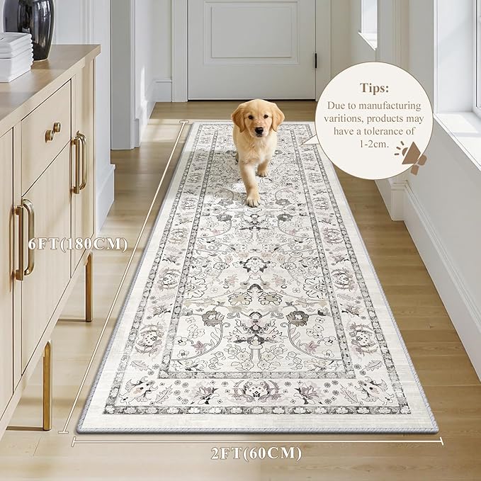 LOKHOM Washable Runner Rug, 2x6 Non-Slip Vintage Kitchen Rug with Rubber Backing, Boho Floral Soft Faux Wool Hallway Runner Rug Carpet Runner for Laundry Entryway Bedroom (Cream White)