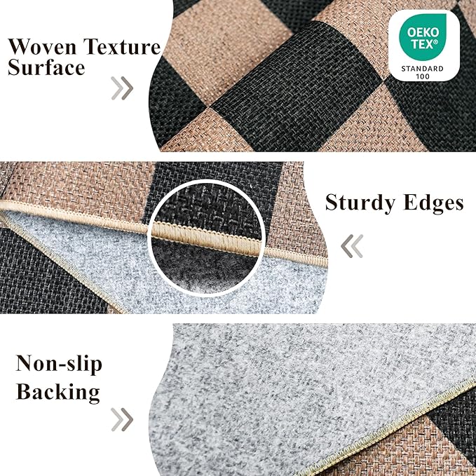 Checkered 3x5 No Shed Jute Rug: Machine Washable Non Slip Rugs for Entryway Front Porch Kitchen - Door Mat Area Rug Farmhouse Neutral Non Shedding - Carpet for Bedroom Living Room (Black,3x5)