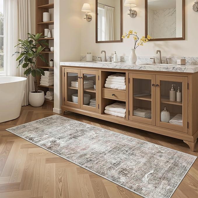 Soalmost Runner Rug 2x6 Washable Non-Slip Kitchen Runner Rugs for Bathroom Laundry Room Pink/Grey Vintage Floor Carpet Runners for Hallway Entryway