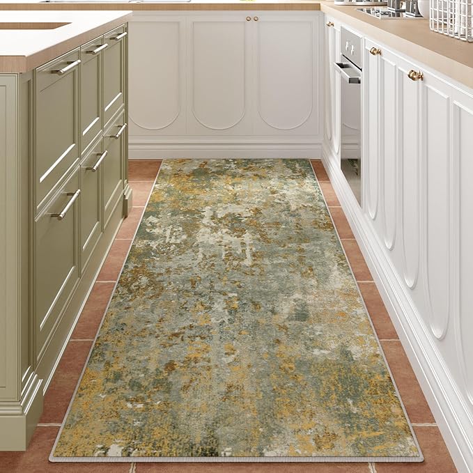 Green Rug Runners for Hallways Kitchen Non Slip Washable 2x6 Entryway Runner Rugs with Rubber Backing 6ft Long Carpet Runner for Laundry Bedroom, Low Pile Stain & Fade Resistant, Abstract Sage Green