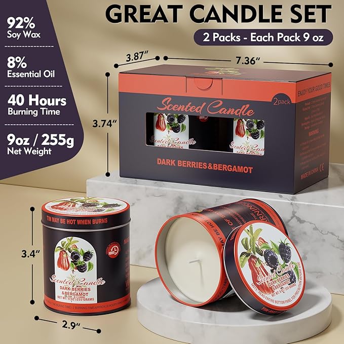 2 Pack Scented Candles (90 Total Burn Hours) - Soy Wax Candles 9 oz Each in Tin - Long Lasting Aromatherapy Candle Gift Set (Dark Berries Bergamot)