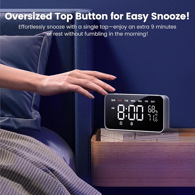 Dekala Bed Shaker Loud Alarm Clock for Heavy Sleepers Adults, Vibrating Dual Alarm Clocks for Bedrooms, Large Display Auto Dimmer,Temperature & Humidity Detect, 7-Day Programmable, Ideal Gift - Image 8