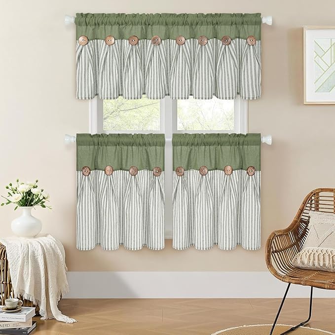 ASPMIZ Linen Kitchen Curtains 24 Inch Length, Farmhouse Boho Button Kitchen Window Curtain Over Sink, Green Striped Short Curtains for Small Windows, Bathroom, Rod Pocket Window Treatment Tiers