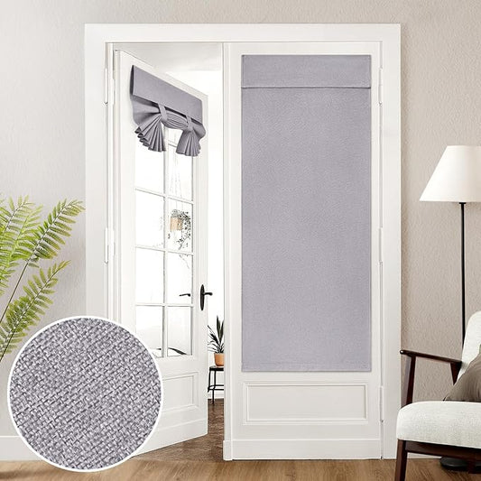 HOMEIDEAS 100% Linen Blackout French Door Curtains, Privacy Door Window Curtains, 26 X 68 Inch Room Darkening Blinds, Thermal Insulated Shades for Bedroom, 1 Panel, Light Gray