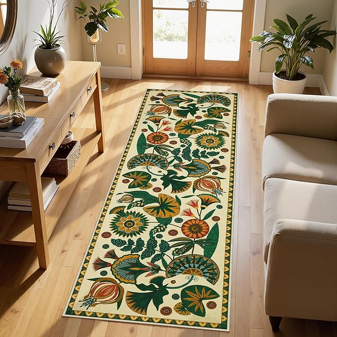 Joydeco Egypt Floral Boho Rug Runners for Hallways Entryway Non Slip, 2x6 Bathroom Kitchen Runner Rugs Non Skid Washable, Vintage Beige Carpet for Entrance Laundry Room Bed Beside