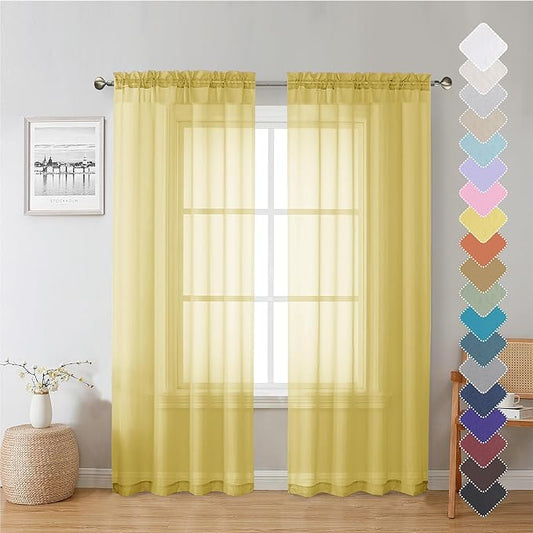 Lecloud Yellow Sheer Curtains 72 Inches Long 2 Panels, Light Filtering Voile Window Drapes for Bedroom Living Room, Dual Rod Pocket Semi Sheer Window Door Decor, 40" W x 72" L
