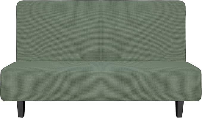 Easy-Going Stretch Futon Slipcover Armless Futon Bed Cover Furniture Protector Without Armrests with Elastic Bottom for Kids, Soft Jacquard Fabric Small Checks (Medium, Greyish Green)