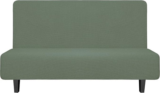 Easy-Going Stretch Futon Slipcover Armless Futon Bed Cover Furniture Protector Without Armrests with Elastic Bottom for Kids, Soft Jacquard Fabric Small Checks (Medium, Greyish Green)