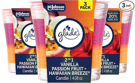 Glade 1-Wick 2in1 Scented Candle Jar, Hawaiian Breeze & Vanilla Passion Fruit, Air Freshener Infused with Essential Oils, 4.08 Oz, 3 Count