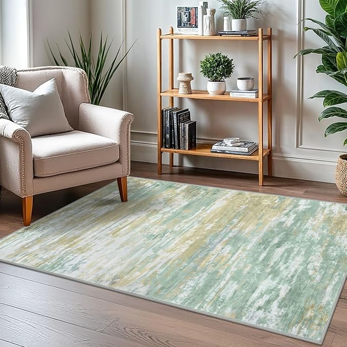 KOZYFLY Modern Abstract 3x5 Area Rug Washable Bedroom Rug Light Green Yellow, Throw Entry Mat Non-Slip Stain Resistant Carpet Dining Room Rug with Soft Low Pile for Living Room Kitchen Bath Office