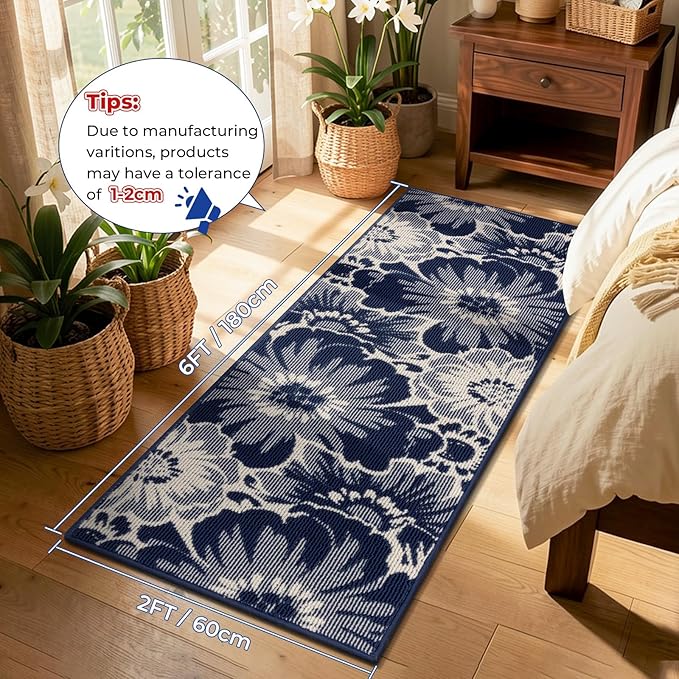 Findosom Hallway Runner Rug 2x6, Non Slip High-Low Textured Floral Washable Runner Rug with Rubber Backing, Boho Carpet Runner for Kitchen, Entryway, Bedroom, Laundry, Navy