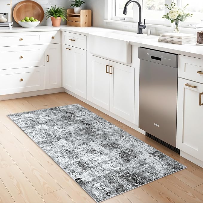 2x5 Non-Slip Washable Runner Rug – Modern Neutral Abstract Small Rug for Hallway, Kitchen, Bathroom, Bedroom, Entryway, Laundry Room – Thin Soft Low-Pile Rubber Backing (Grey)