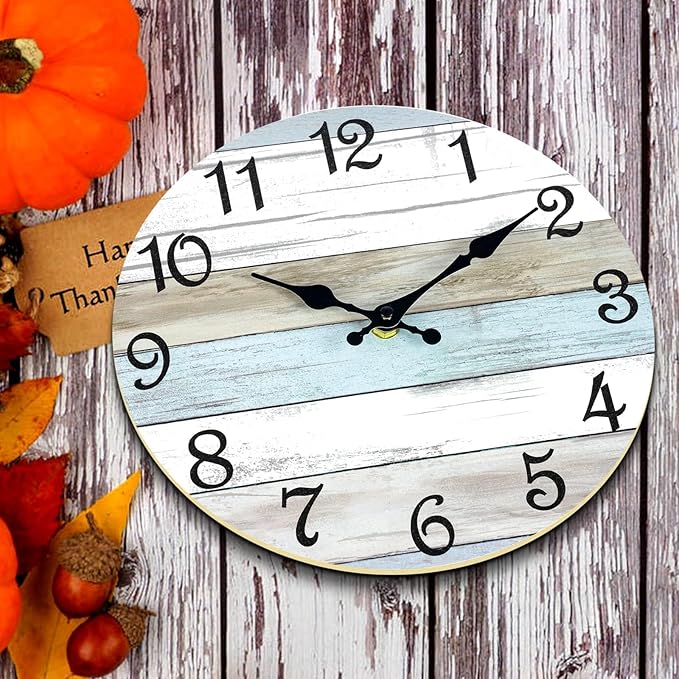 CHYLIN Wall Clock - 16 Inch Silent Non Ticking Coastal Wall Clocks Battery Operated, Wooden Rustic Farmhouse Clock Decorative for Living Room, Kitchen, Bathroom, Office (Blue)
