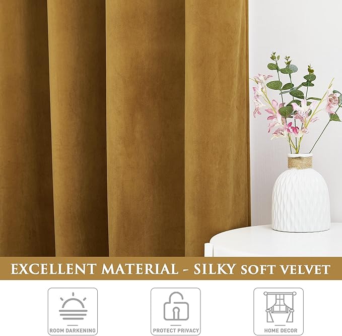 StangH Mustard Gold Velvet Curtains for Sliding Door, Grommet Light Blocking Privacy Drapes for Living Room Bedroom Country Party Backdrop Decorations, W62 x L84, 2 Panels