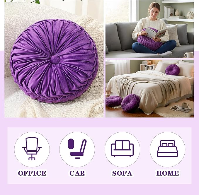 Drydiet 1 Pcs Round Throw Velvet Pillows Decorative Pleated Throw Pillows 15'' Diameter Accent Pumpkin Boho Chair Cushion for Couch Sofa Home Decoration (Purple)