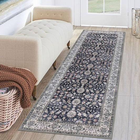KUTA Runners for Hallways 2x6, Vintage Floral Rug Non-Slip Washable Kitchen Rugs Grey Black Beige Ultra Thin Soft Printed Distressed Flower Carpet Entryway Rugs for Bedroom Laundry Nursery