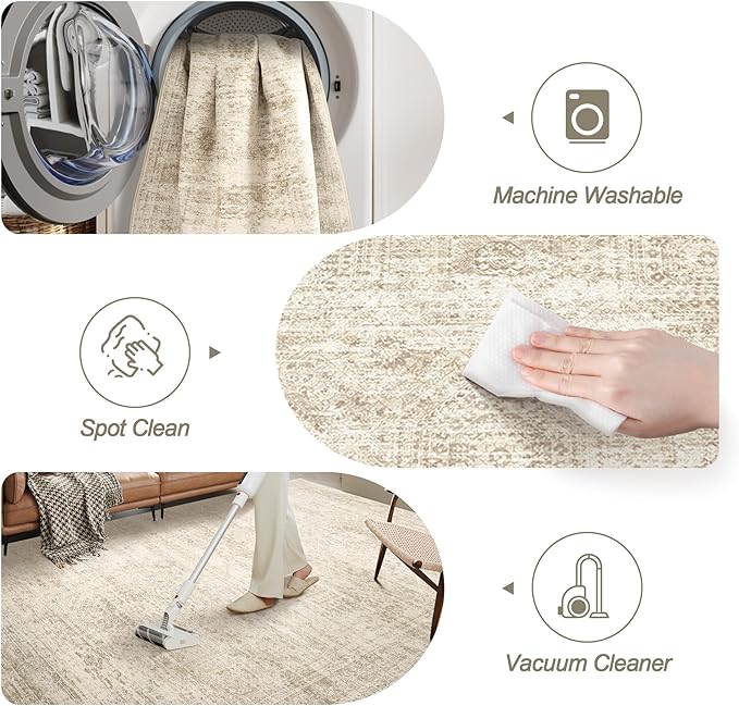 Soalmost 2x3 Washable Rugs for Kitchen, Floor, Entryway, Powder Room Small Area Rug Non-Slip Vintage Low Pile Throw Door Mat Beige