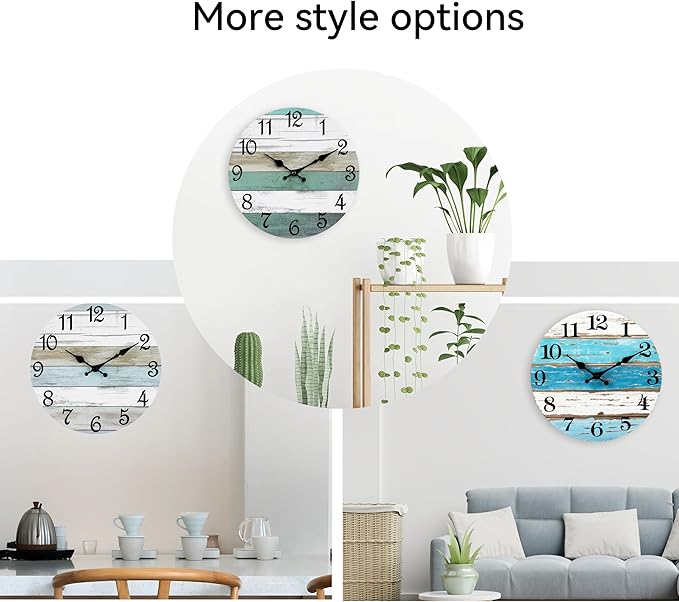 CHYLIN Wall Clock 14 Inch Bathroom Clock, Rustic Wall Clocks Battery Operated, Silent Non Ticking Wooden Coastal Beach Clock for Kitchen, Living Room, Bedroom, Office (White)