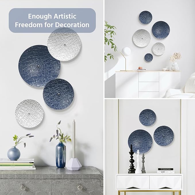 Silver and Blue Wall Decor for Living Room, 7PCS Metal Wall Hanging Sculptures for Office Apartment Bathroom Decoration, Modern Silver Home Decor for Staircase Hallway Porch Housewarming Gift