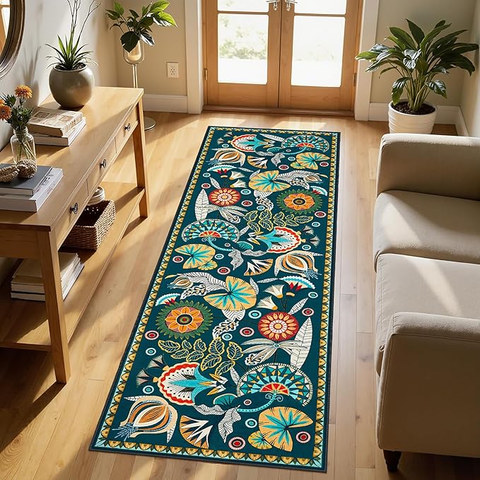 Joydeco Egypt Floral Boho 2x6 Runner Rug for Hallway Entrance, Dark Green Bathroom Kitchen Rug Runner Non Slip Washable, Vintage Ultra-Thin Carpet for Entryway Laundry Room Bed Beside