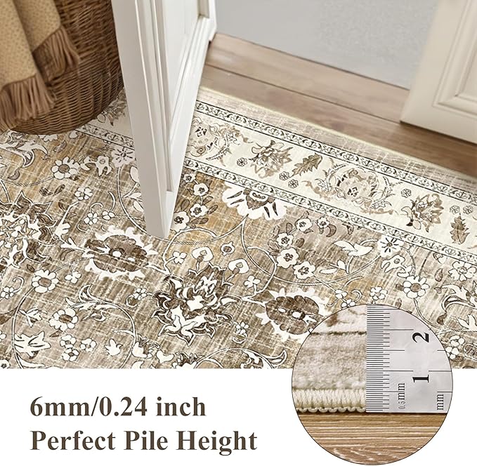 LOKHOM Living Room Area Rug 6x9, Non-Slip Vintage Soft Bedroom Rug with Rubber Backing, Low Pile Boho Floral Faux Wool Floor Carpet Distressed Rug for Bedroom Dining Room（Beige Brown）