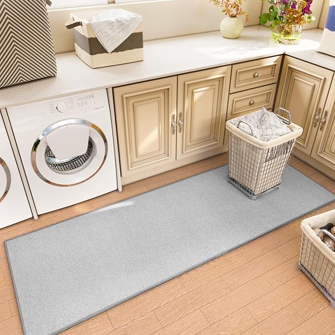 AREDO Runner Rug with Non Slip Rubber Backing, Washable Soft Floor Carpet for Kitchen, Hallway, Entryway Indoor, Bedroom, Laundry, Low Pile Area Rugs, Solid color with Pointillism style, 2*8 ft GREY