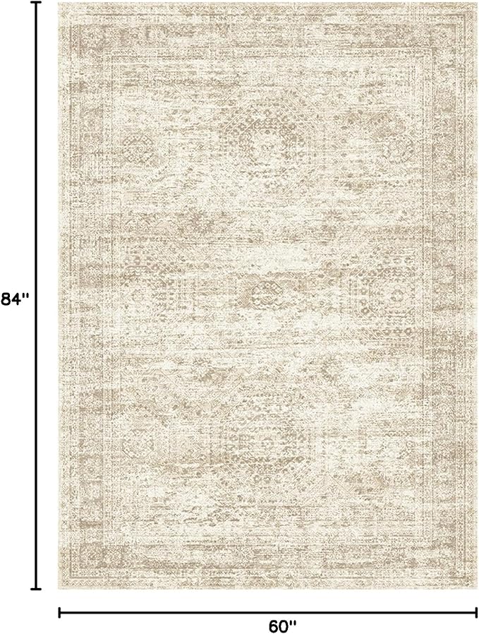 Soalmost 5x7 Area Rugs Beige Low Pile Indoor Washable Trendy Faded Style Rugs for Bedroom Living Room Dining Room Foldable Non-Slip Thin Print Home Office Mat
