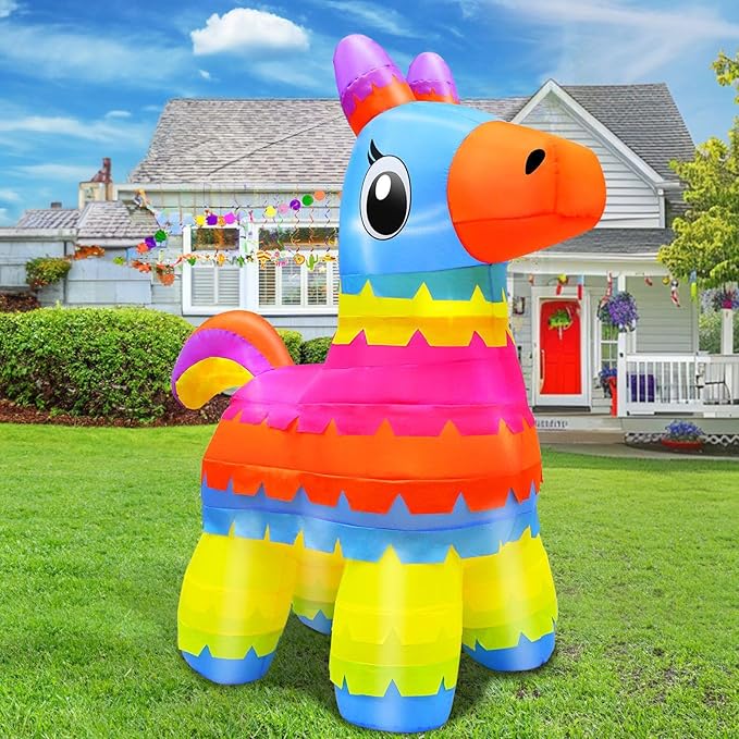 TURNMEON 6 Ft Cinco De Mayo Inflatables, Fiesta Inflatables Pinata Party Decorations Blow Up Fiesta Donkey Built-in LED Lights Mexican Theme Decorations for Fiesta Party Yard Garden Outdoor Decor