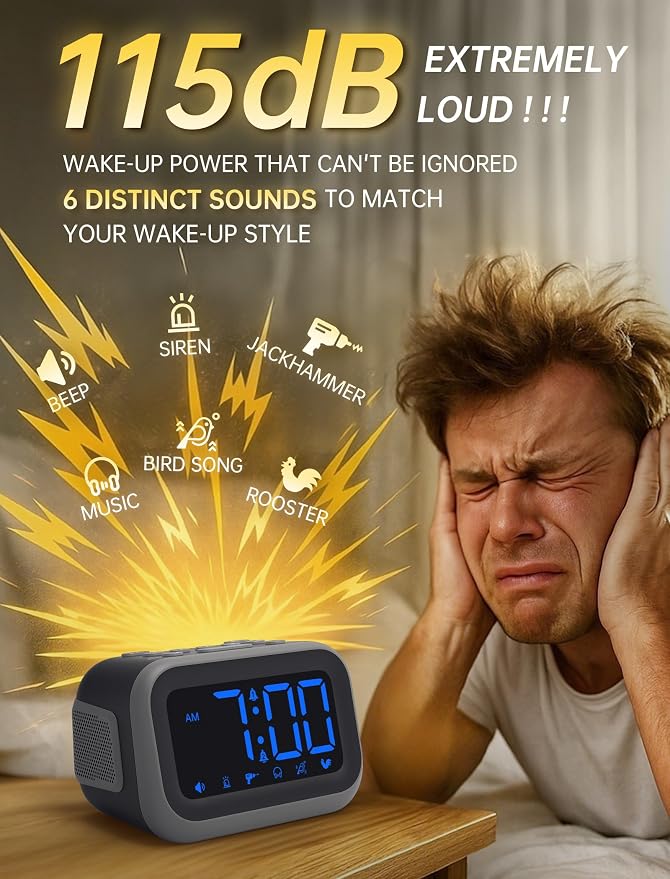 Acedeck Super Loud Alarm Clock: 115dB Wake-Up Power | Dual Alarms and 6 Alarm Sounds for Heavy Sleepers Adults and Shift Workers - Bedroom and Daily Wake-Up Use (Blue Digits) - Image 2