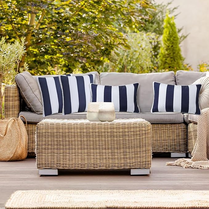 JMGBird Pack of 2 Decorative Pillows with Inserts - 18x18 Water-Resistant Navy Blue with White Stripe Outdoor Throw Pillows for Patio Furniture, Couch, Bed